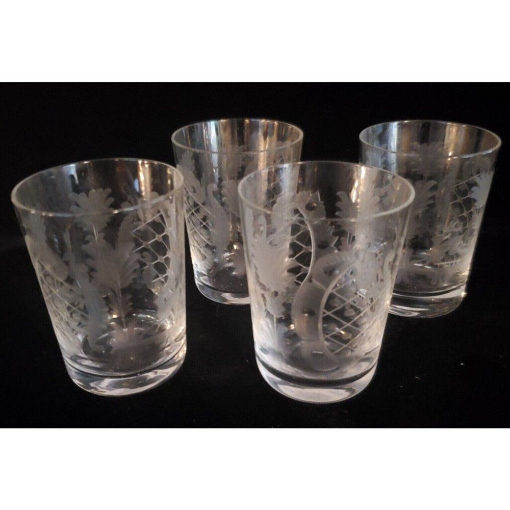 4 Egermann Bohemian Czech Clear Etched Double Shot Glasses Tumblers Deer Rabbit
